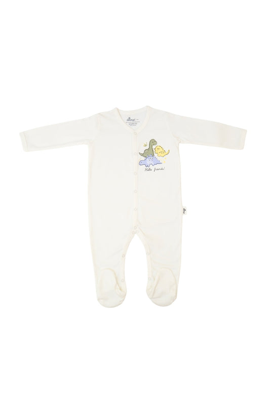 Snap Front Footy without mitts in Off white / 3 Dino - OBabyz