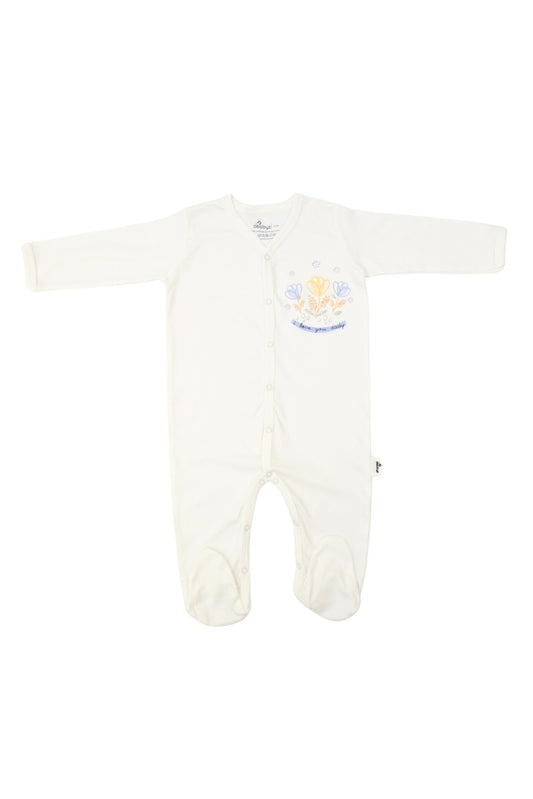 Snap Front Footy without mitts in Off white / Flowers - OBabyz